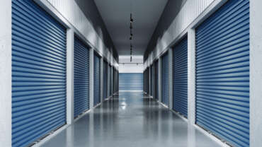 Storage facilities with blue doors. Interior units.