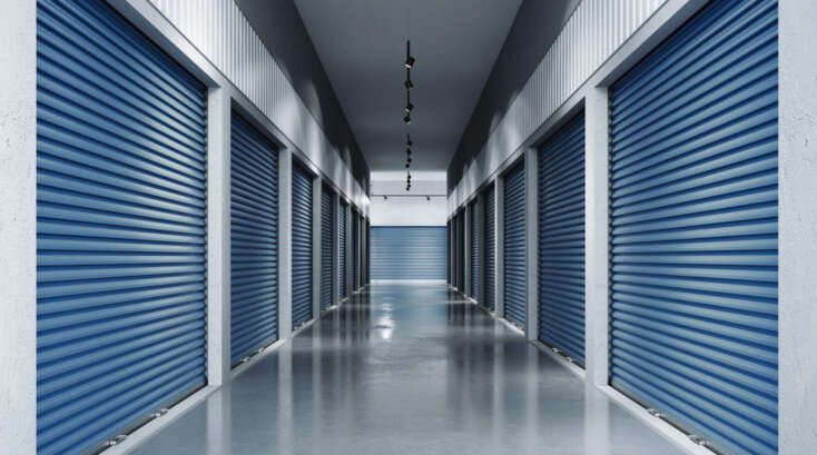 Storage facilities with blue doors. Interior units.