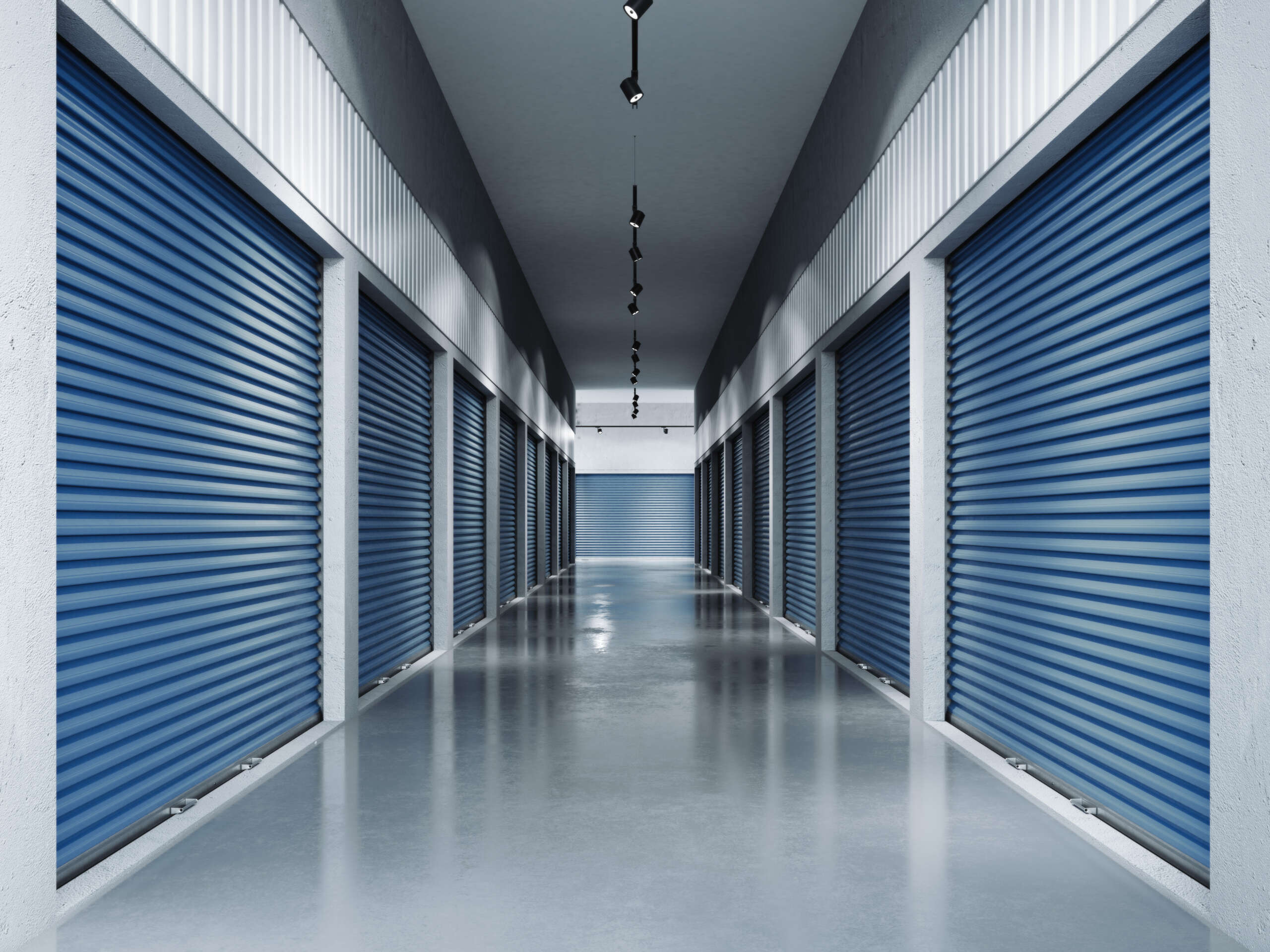 Storage facilities with blue doors. Interior units.